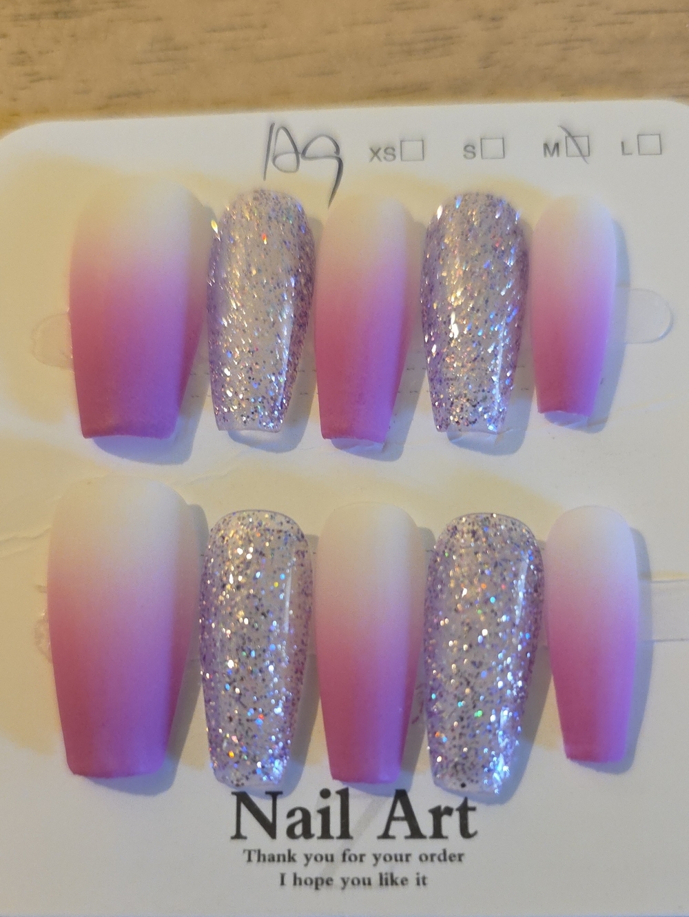 Pink Ombre and Silver Glitter Press-On Nail Set Size Med